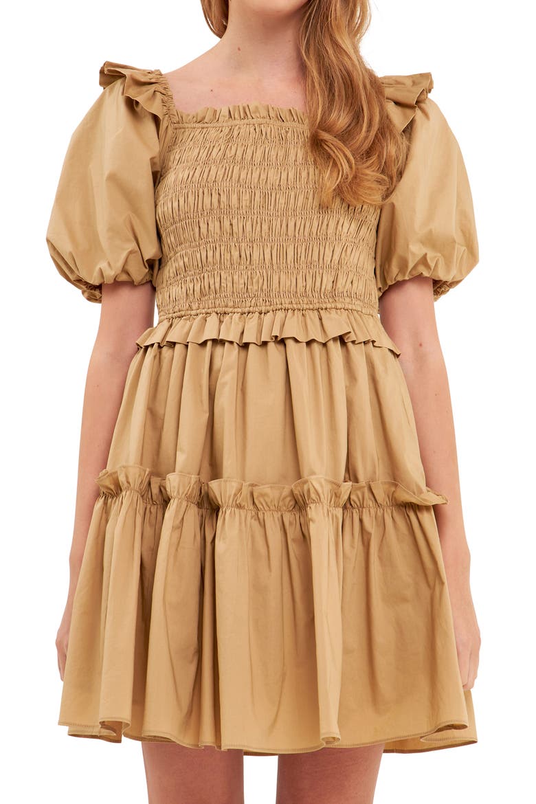 Shirred Puff Sleeve Tiered Cotton Dress, Alternate, color, TAWNY
