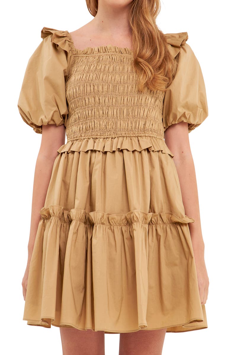 English Factory Shirred Puff Sleeve Tiered Cotton Dress, Alternate, color, Tawny