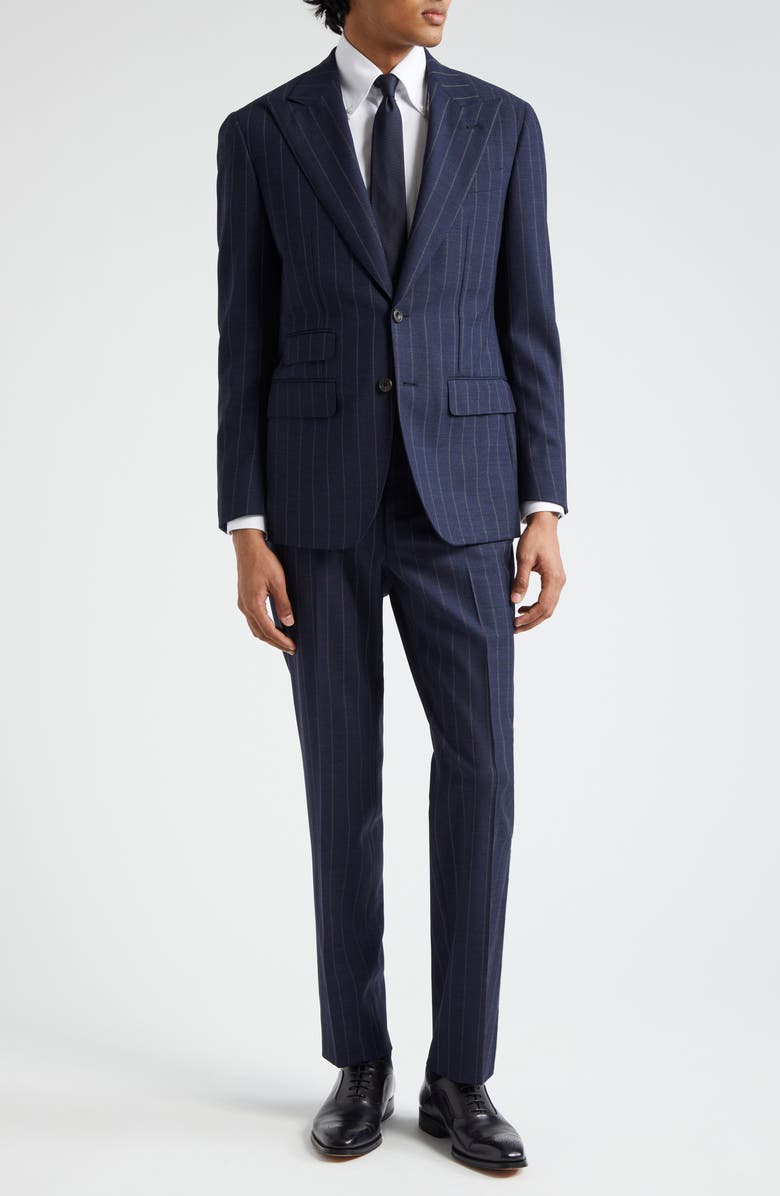 Thom Sweeney Pinstripe Structured Wool Suit, Alternate, color, Navy Brown Stripe