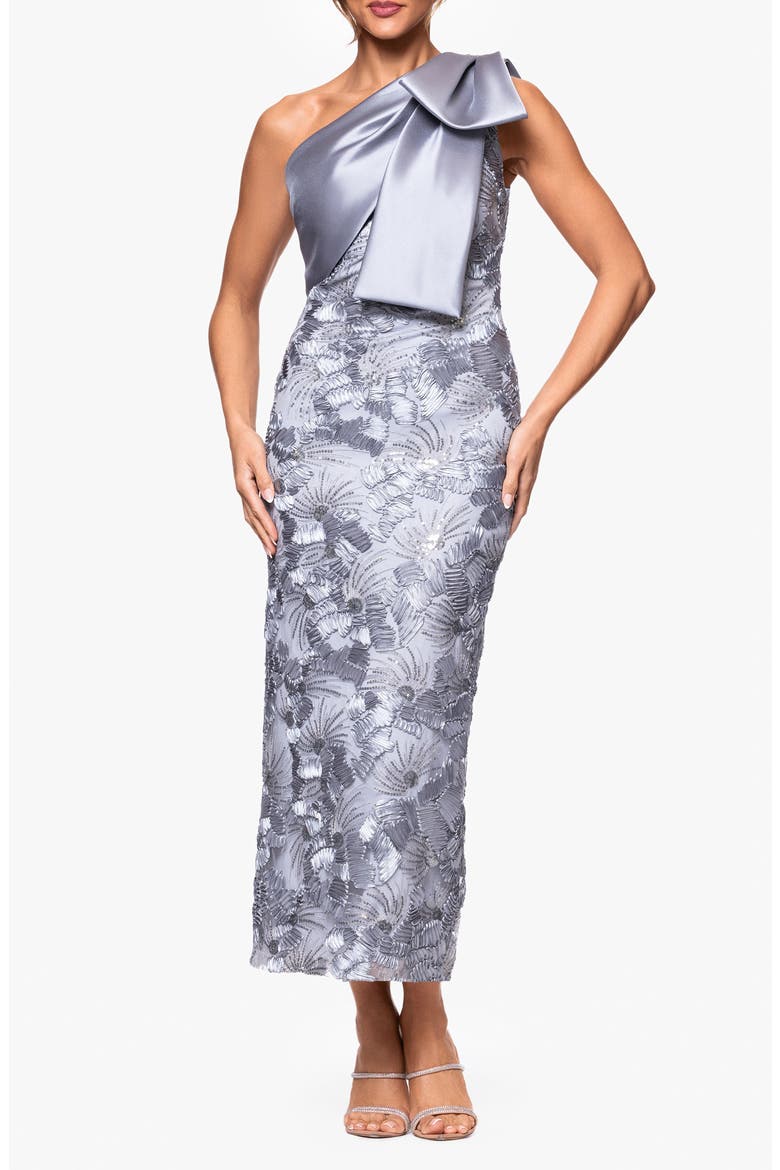 Crystal Detail Soutache Lace One-Shoulder Sheath Gown, Main, color, GREY