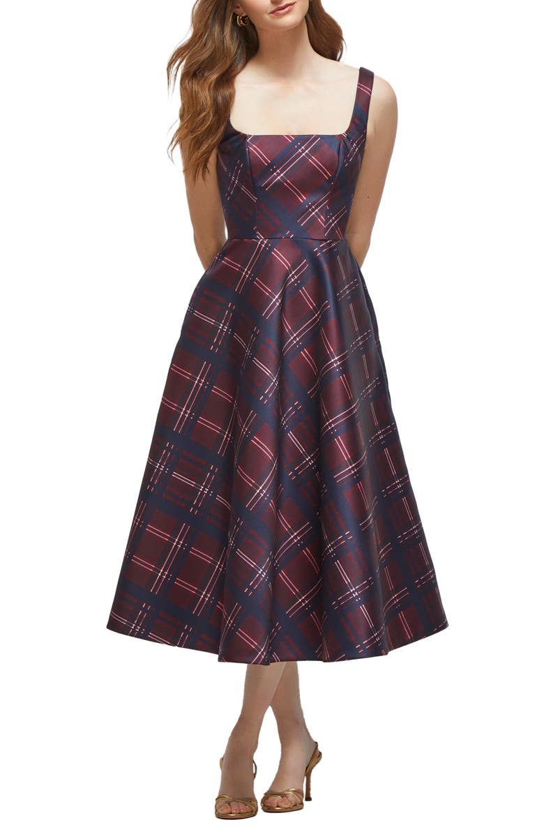 Dessy Collection Alba Tartan Square Neck Midi Cocktail Dress, Main, color, Cabernet Midnight