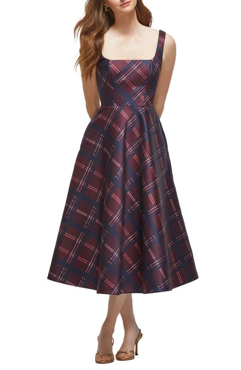 Alba Tartan Square Neck Midi Cocktail Dress