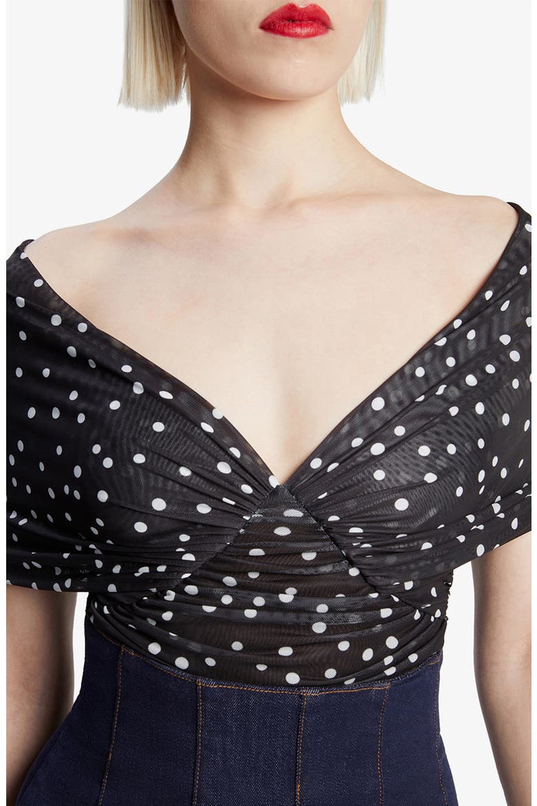 Vespera Polka Dot Off the Shoulder Mesh Bodysuit, Alternate, color, BLACK SPOT