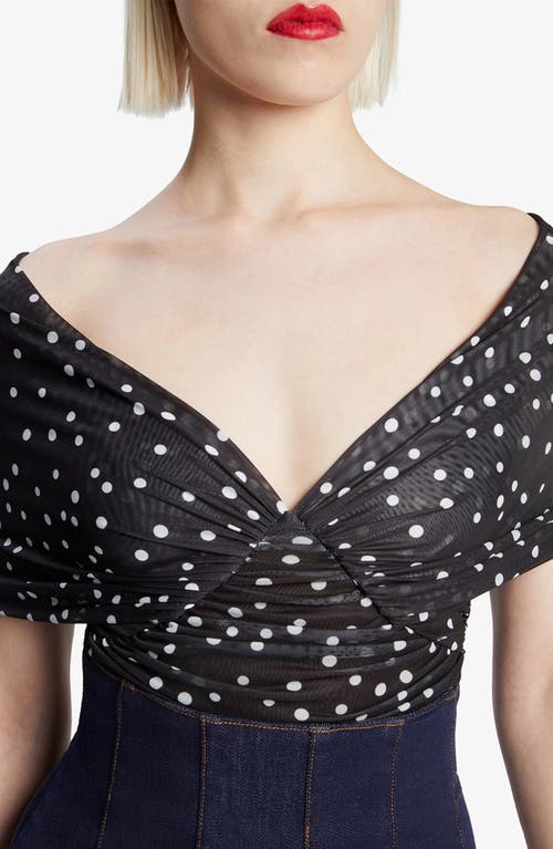 Bardot Vespera Polka Dot Off The Shoulder Mesh Bodysuit In Black Spot