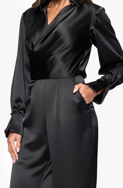 Xscape Evenings Long Sleeve Wide Leg Satin Jumpsuit In Black