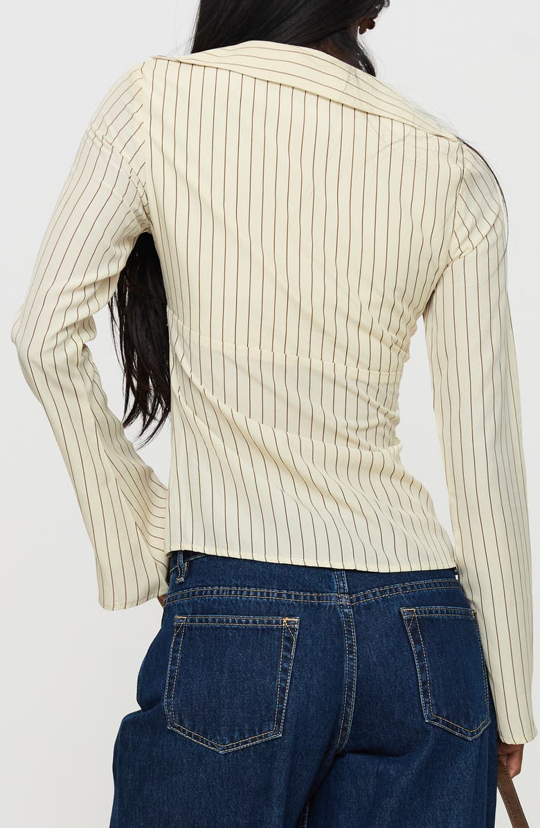 Princess Polly Life Begins Pinstripe Lace Trim Button-Up Shirt, Alternate, color, Cream