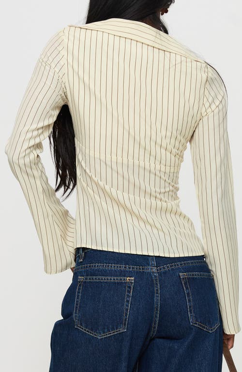 Princess Polly Life Begins Pinstripe Lace Trim Button-up Shirt In Neutral