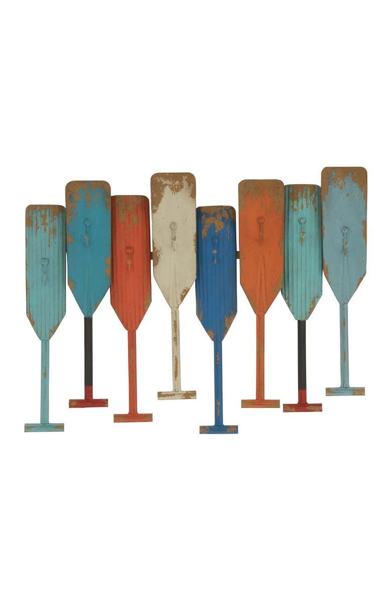 WILLOW ROW Multi Colored Metal Indoor/Outdoor Distressed Oar Shaped 8 Hanger Paddle Wall Hook, Main, color,