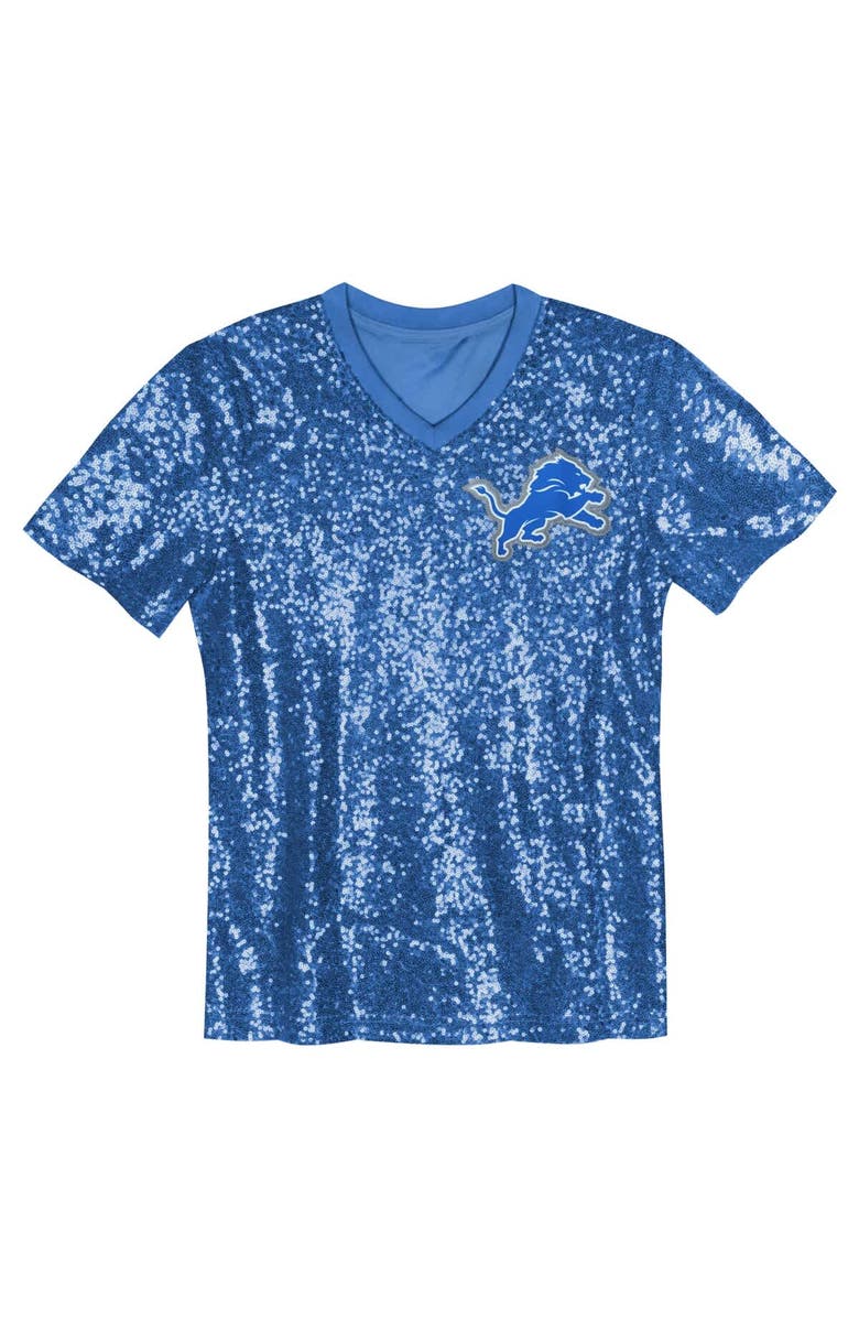 Outerstuff Girls Youth Blue Detroit Lions Wordmark Sequin V-Neck Top, Alternate, color, 