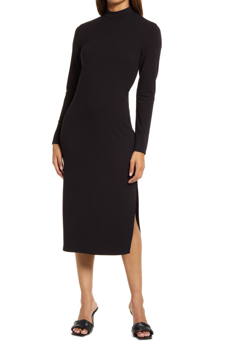 Mock Neck Long Sleeve Dress, Main, color, BLACK