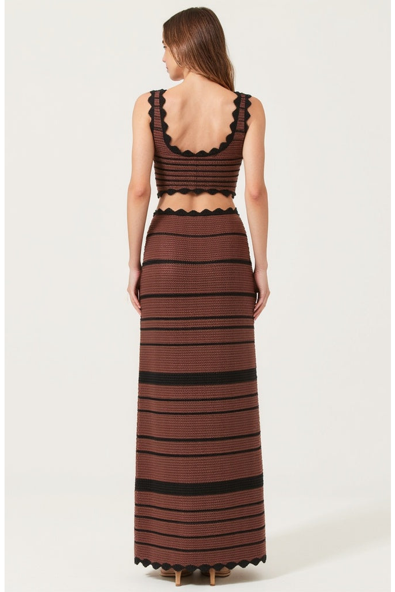 Scallop Trim Crochet Crop Top and Maxi Skirt Set, Alternate, color, Brown / Black Striped