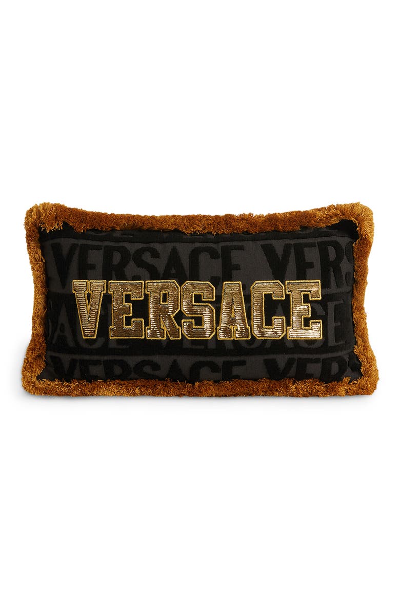 Sequin Logo Fringe Accent Pillow, Main, color, BLACK/ GOLD