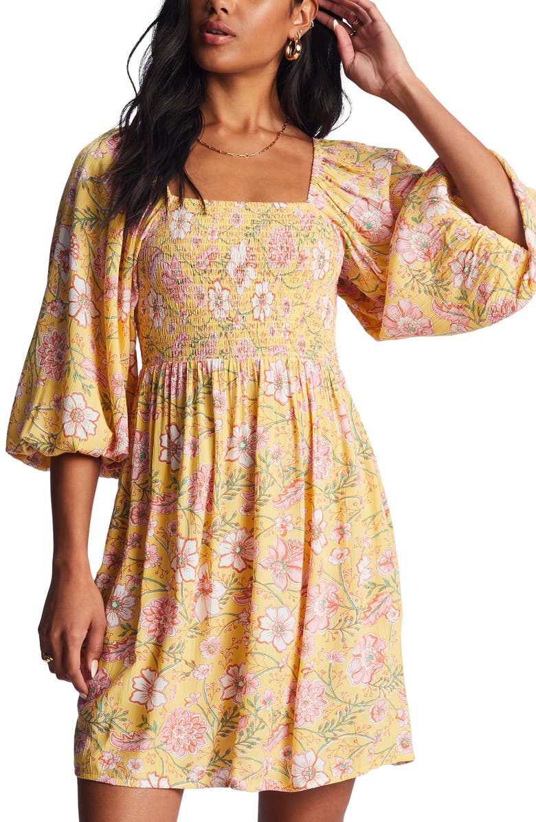 Billabong Paradise Days Smocked Minidress, Alternate, color, Golden Peach