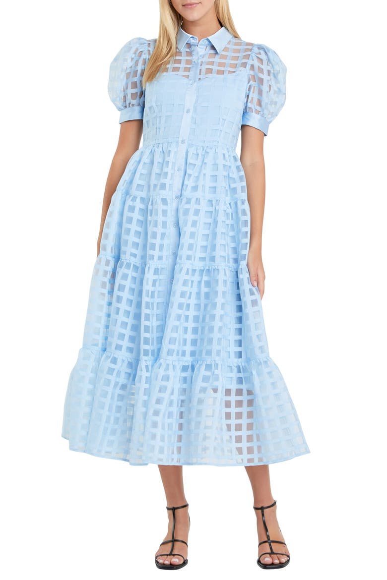 Grid Pattern Tiered Midi Shirtdress, Main, color, POWDER BLUE
