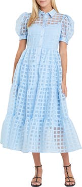 English Factory Grid Pattern Tiered Midi Shirtdress