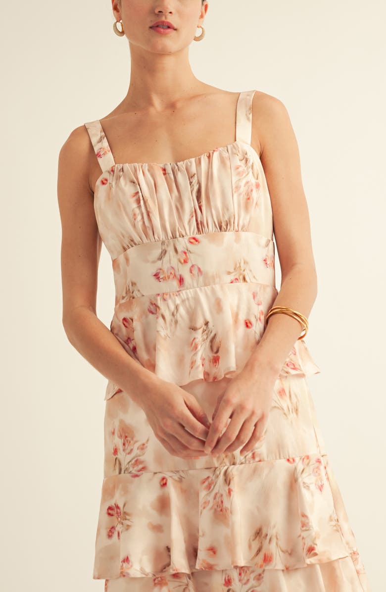 Arose Studio Blossom Print Sleeveless Tiered Gown, Alternate, color, Soft Pink