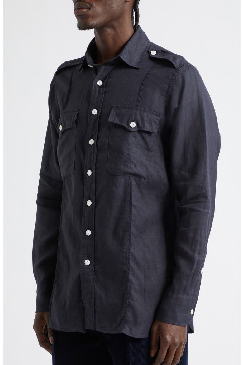 Pintuck Epaulet Linen Button-Up Shirt, Alternate, color, DARK NAVY