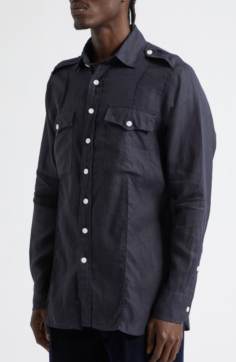 Drake's Pintuck Epaulet Linen Button-Up Shirt, Alternate, color, Dark Navy