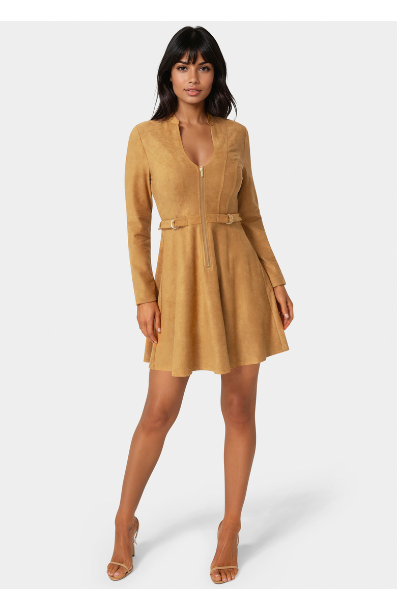 bebe Fit and Flare Long Sleeve Suede Mini Dress, Main, color, Camel