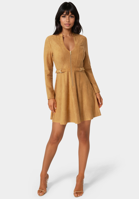 Fit and Flare Long Sleeve Suede Mini Dress