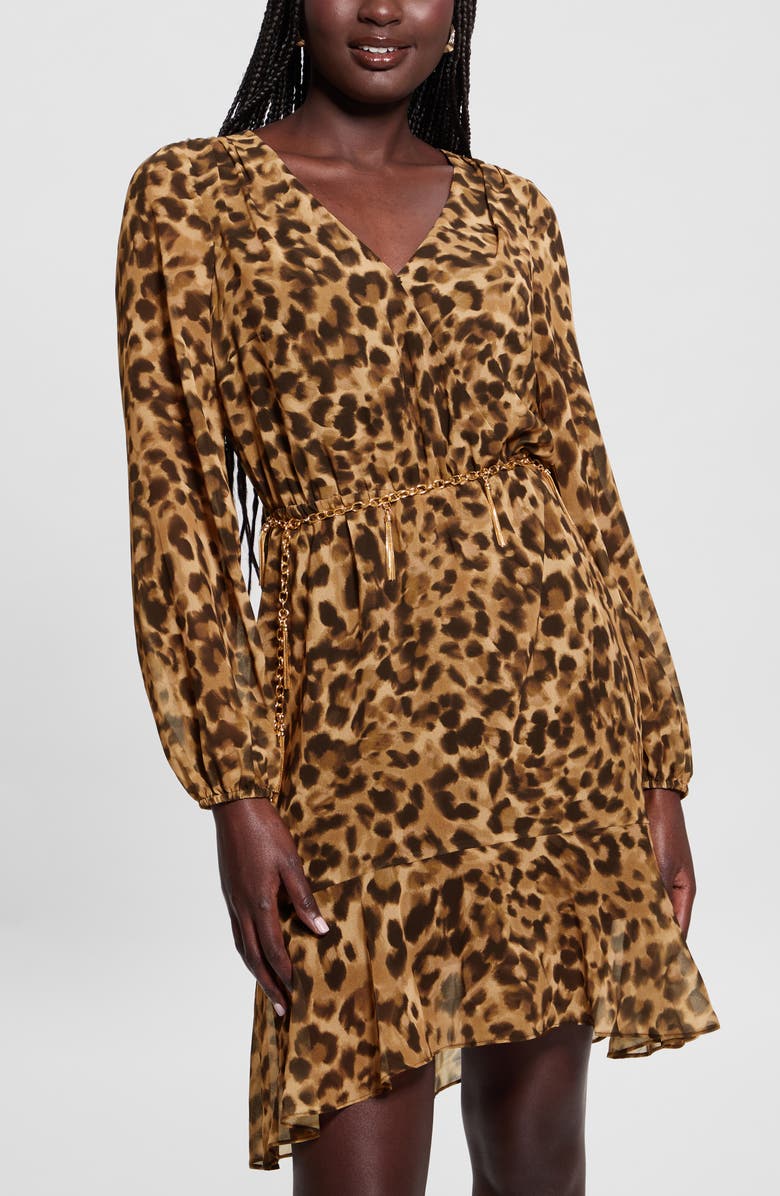 GUESS Kaleen Leopard Print Long Sleeve Minidress, Alternate, color, Fast And Fierce Leopard Print