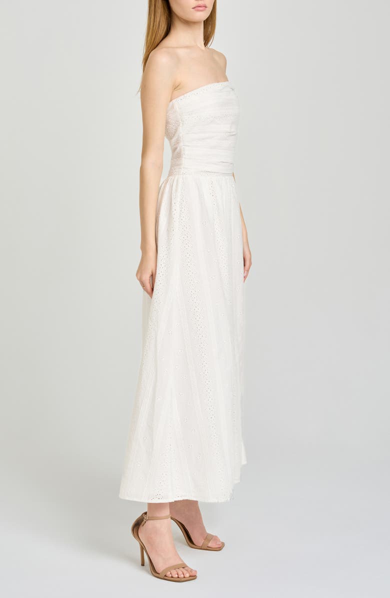 WAYF Pippa Gathered Eyelet Strapless Cotton Midi Dress, Alternate, color, 