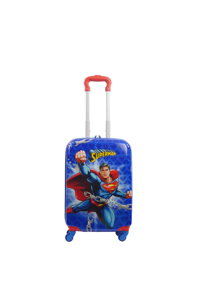 WB Superman kids 20.5" Hard side spinner carry-on luggage, Alternate, color, BLUE
