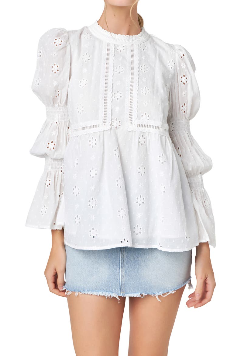 Eyelet Long Sleeve Cotton Top, Main, color, WHITE