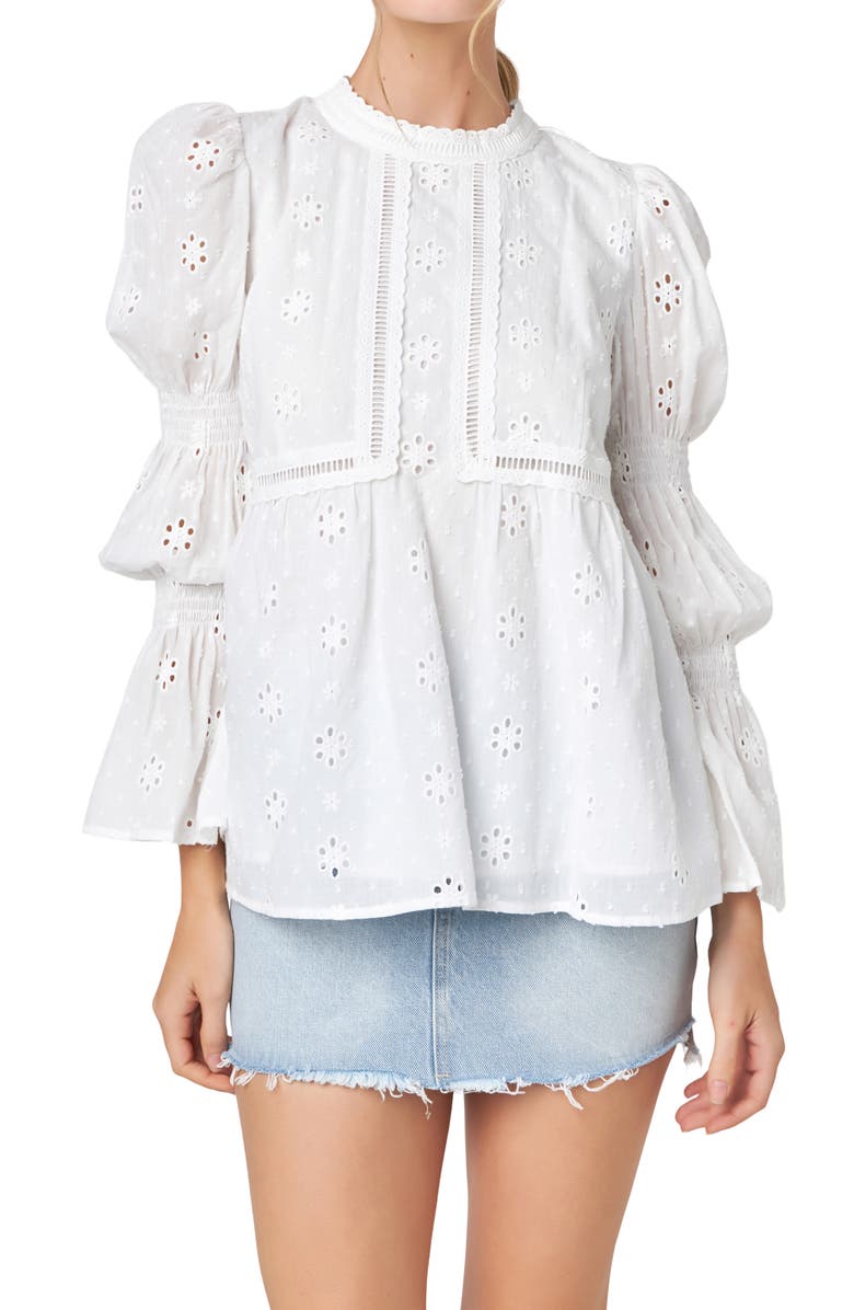 English Factory Eyelet Long Sleeve Cotton Top, Main, color, White