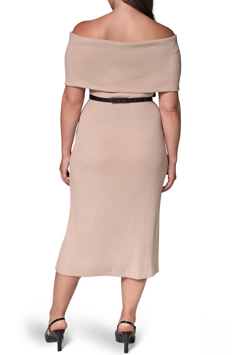 Off the Shoulder Belted Knit Dress, Alternate, color, CAMEL