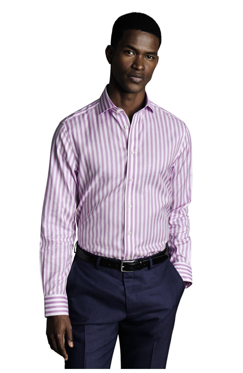 Charles Tyrwhitt Wide Stripe Non-Iron Twill Cutaway Slim Fit Shirt Single Cuff, Main, color, Lilac Purple