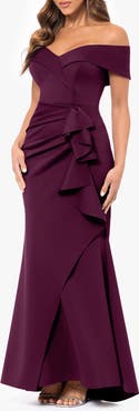 Xscape Evenings Off the Shoulder Ruffle Scuba Crepe Gown
