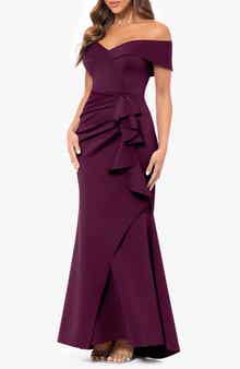Xscape Evenings Off the Shoulder Ruffle Scuba Crepe Gown