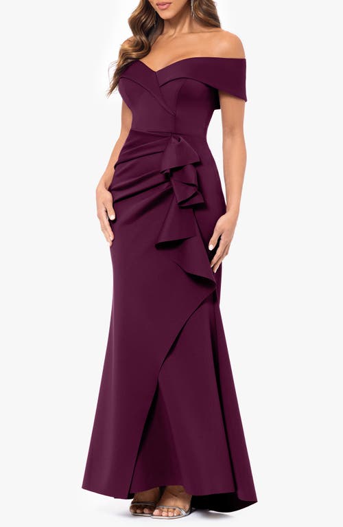 Xscape Evenings Off The Shoulder Ruffle Scuba Crepe Gown In Burgundy