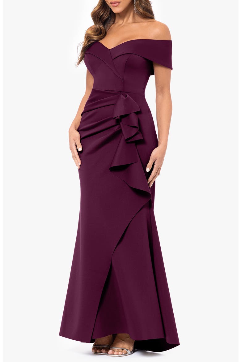 Off the Shoulder Ruffle Scuba Crepe Gown video