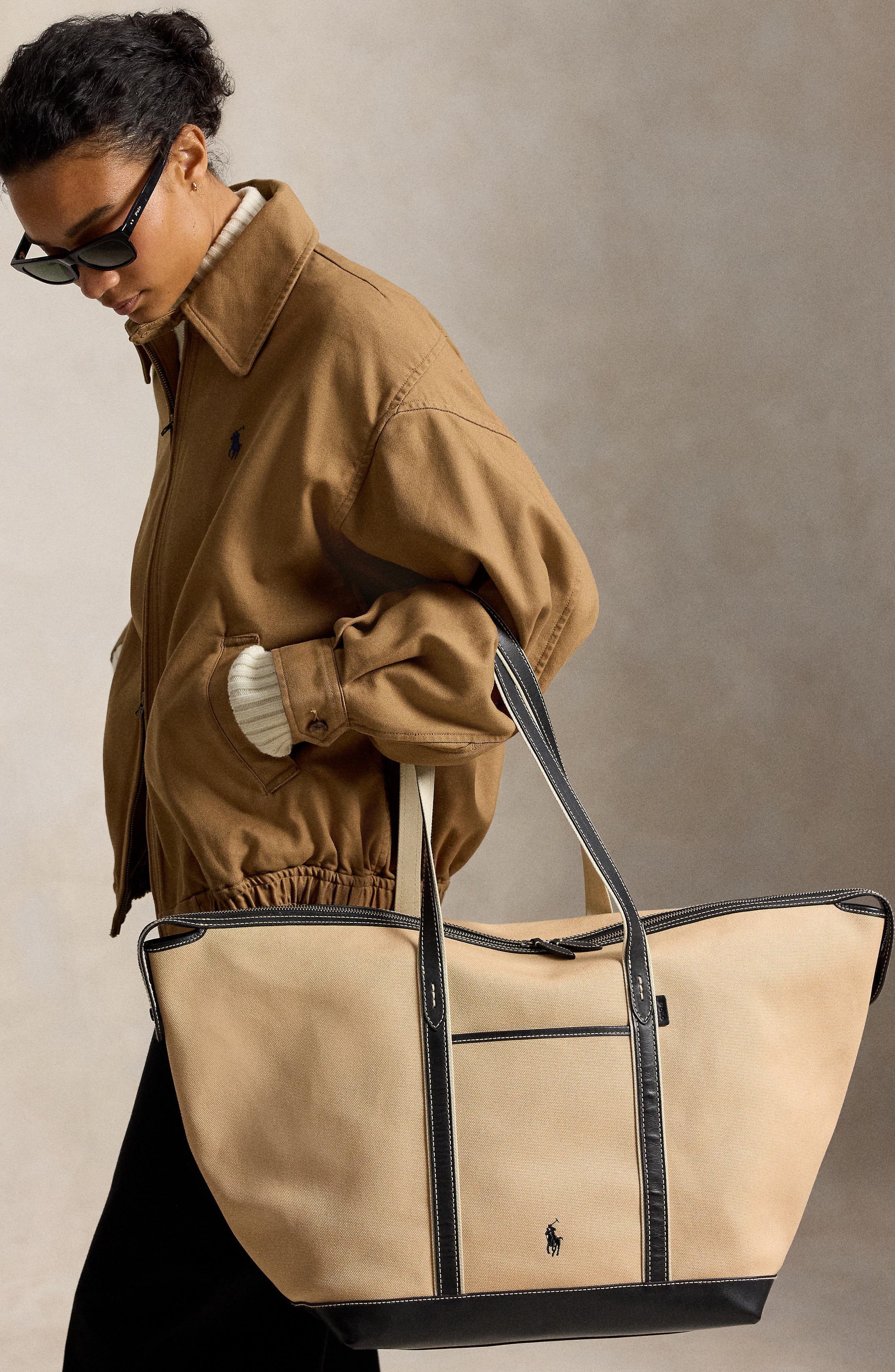Large Canvas & Leather Tote, Alternate, color, PORCELAIN/ BLACK