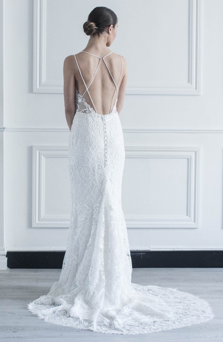 CHOSEN by One Day Jonie Guipure Lace Trumpet Wedding Dress, Alternate, color, 