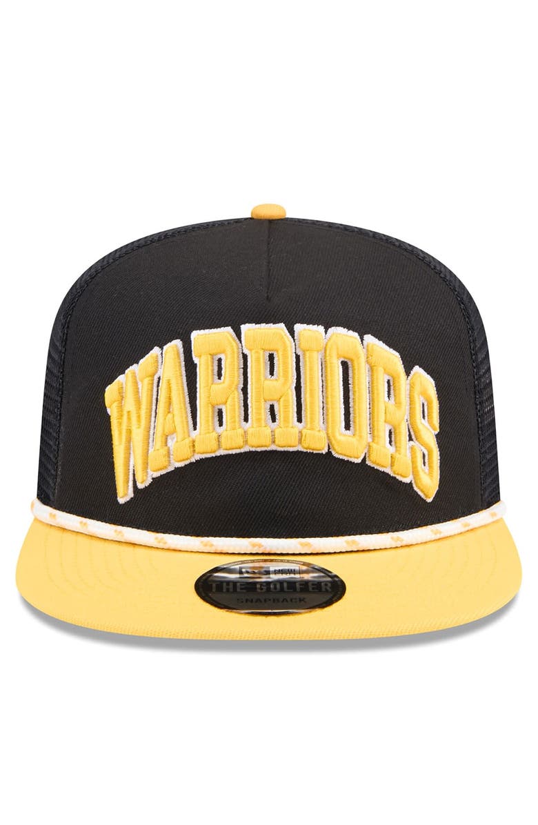 New Era Men's New Era Black/Gold Golden State Warriors Throwback Team Arch Golfer Snapback Hat, Alternate, color, 