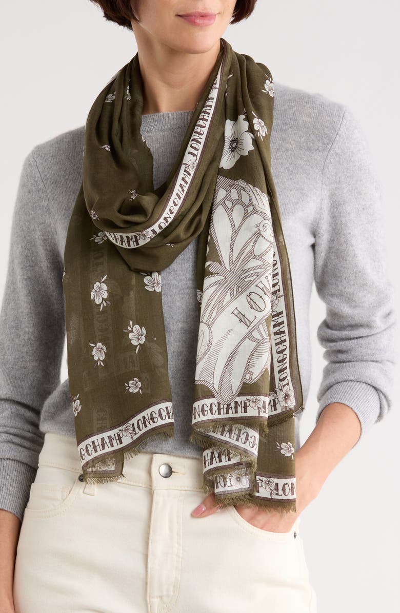 Longchamp Print Scarf, Main, color, Khaki