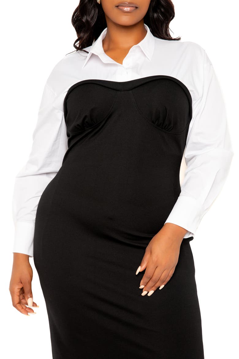 Contrast Long Sleeve Midi Shirtdress, Alternate, color, BLACK