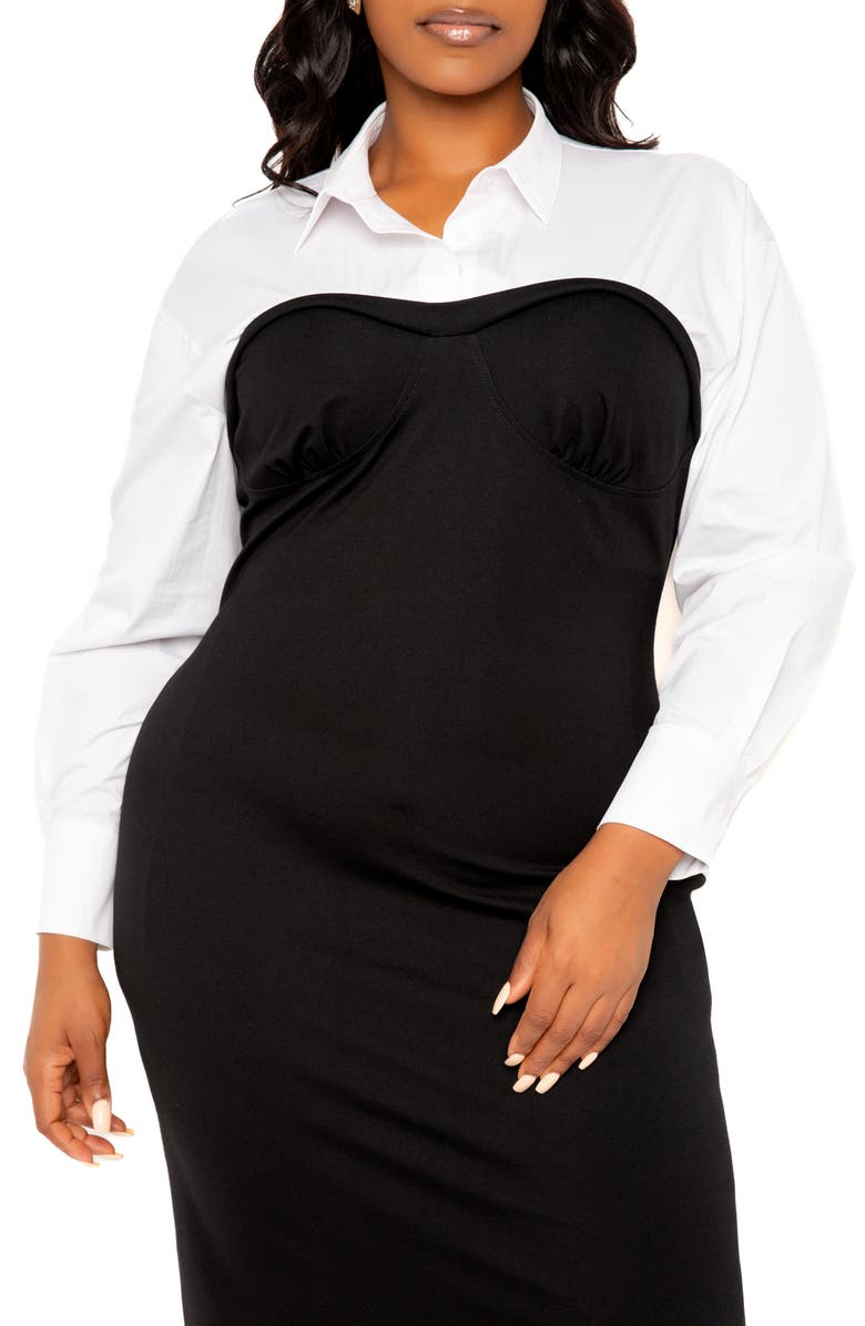 BUXOM COUTURE Contrast Long Sleeve Midi Shirtdress, Alternate, color, Black