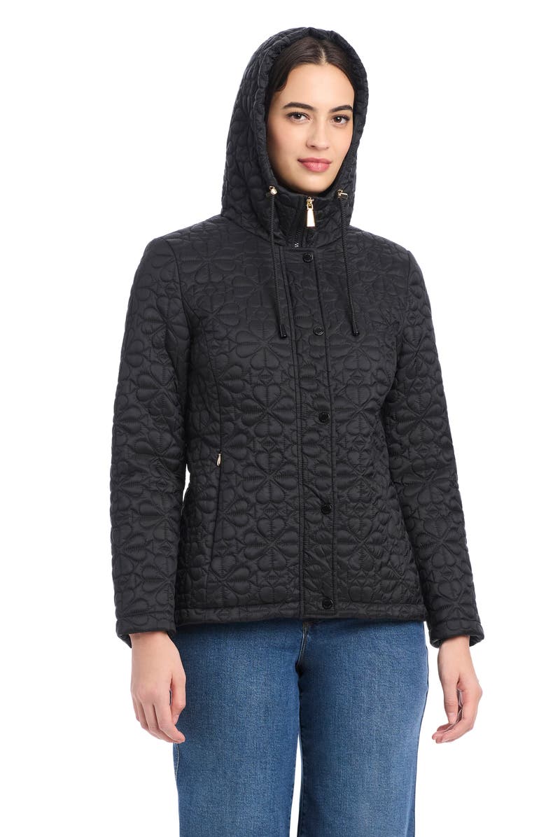 Kate Spade New York water resistant hooded floral quilted short jacket, Alternate, color, Black