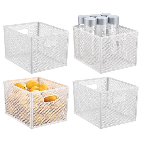 Mdesign Perforated Metal Storage Bin With Handles For Pantry In White