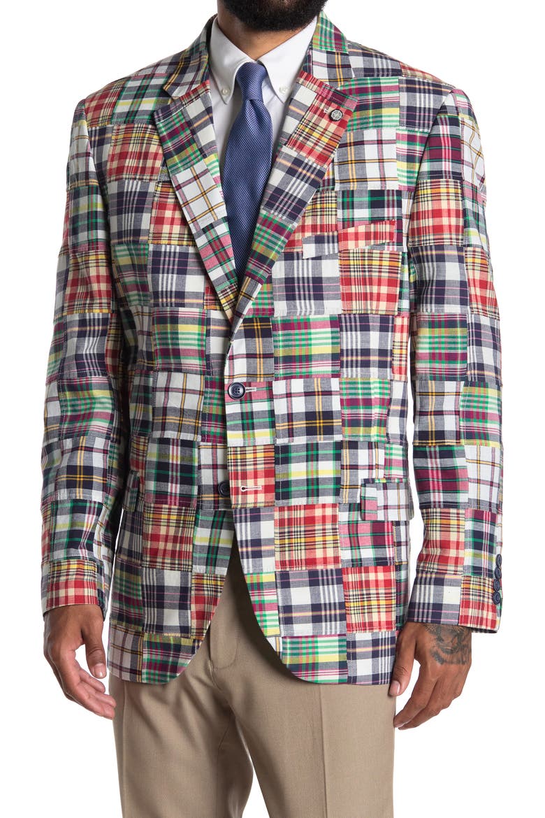 Madras Plaid Patchwork Two Button Notch Lapel Cotton Sport Coat, Main, color, BLUE