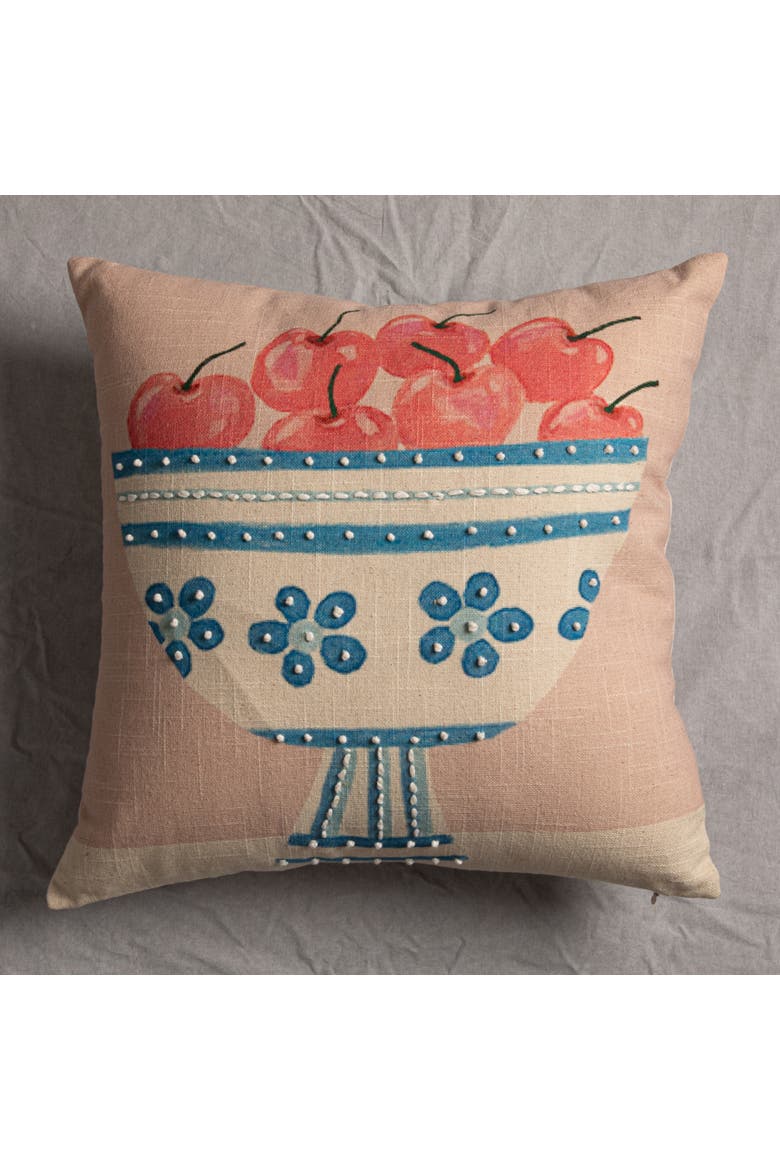 Cotton Printed Slub Pillow with Fruit Bowl, Embroidery and French Knots, Multicolor, Alternate, color, Pink