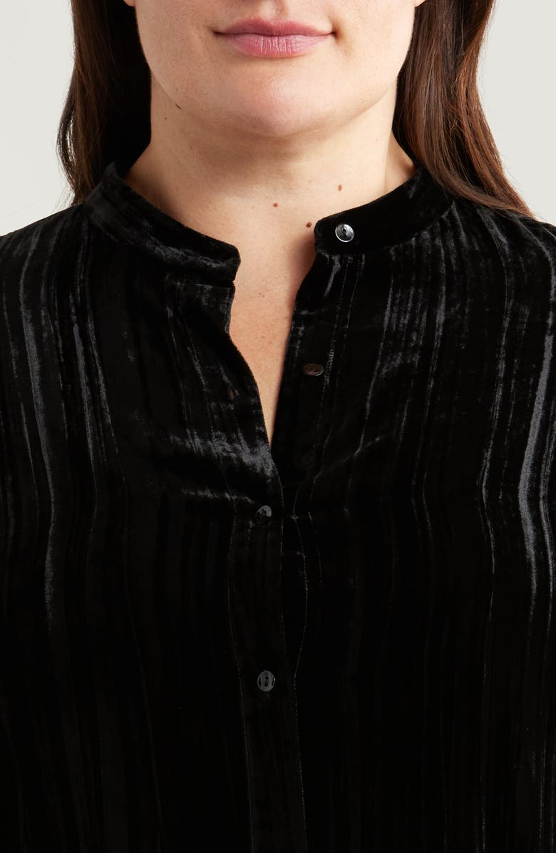 Crushed Velvet Band Collar Button-Up Shirt