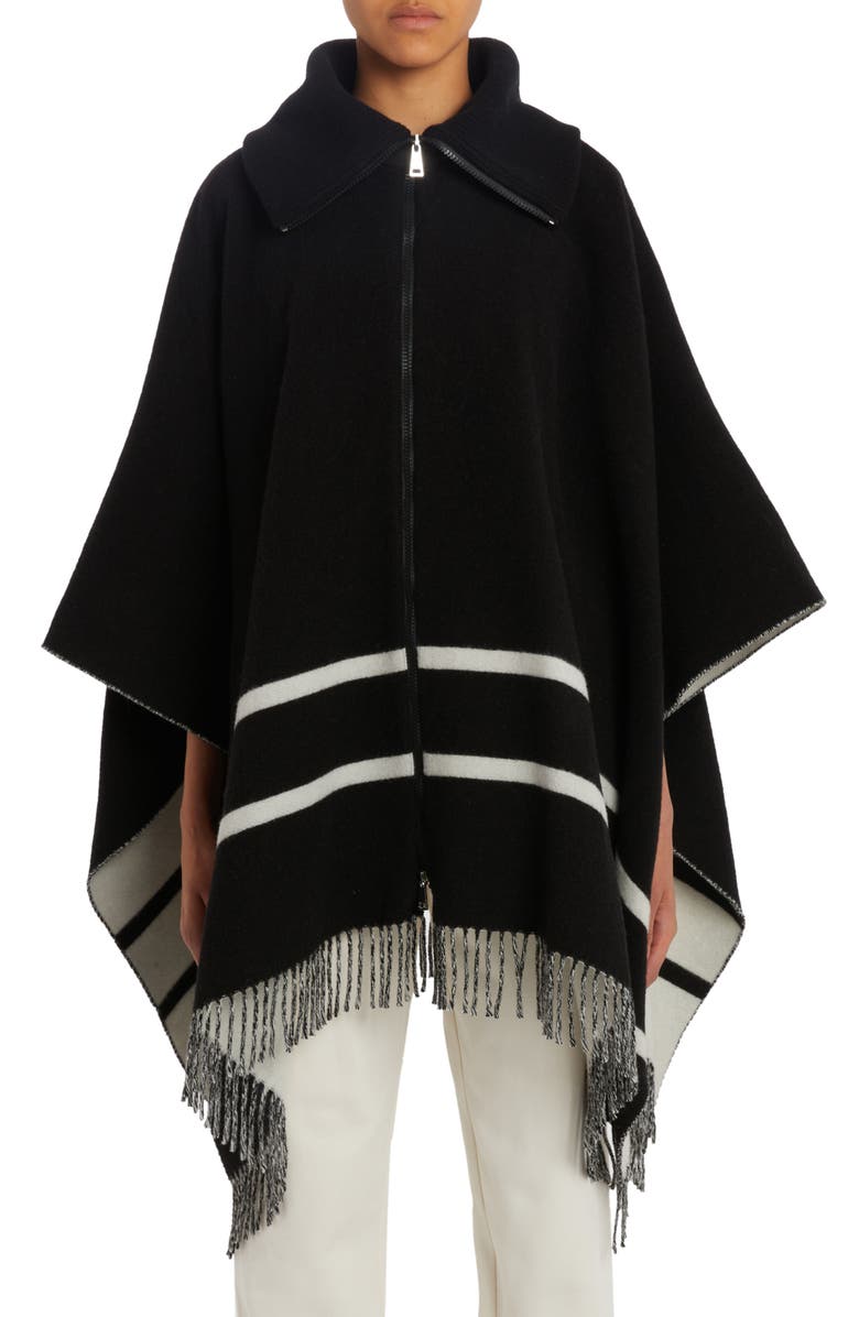 Moncler Fringe Wool Blend Cape, Main, color, 