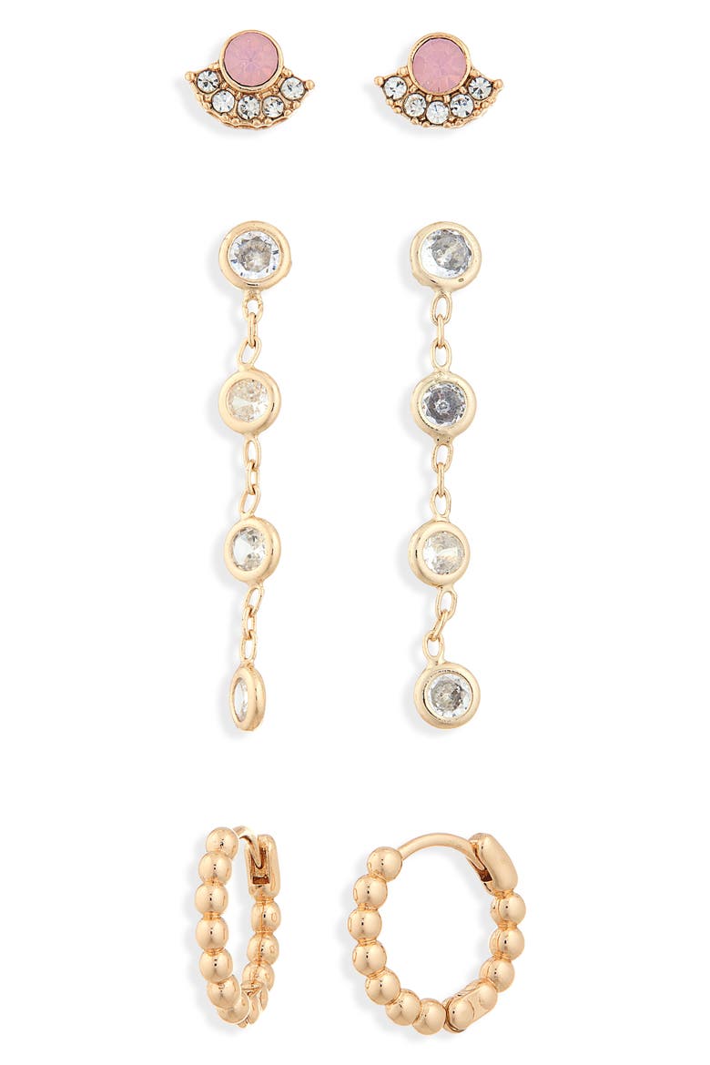 Set of 3 Stud Drop Earrings, Main, color, CLEAR- BLUSH- GOLD