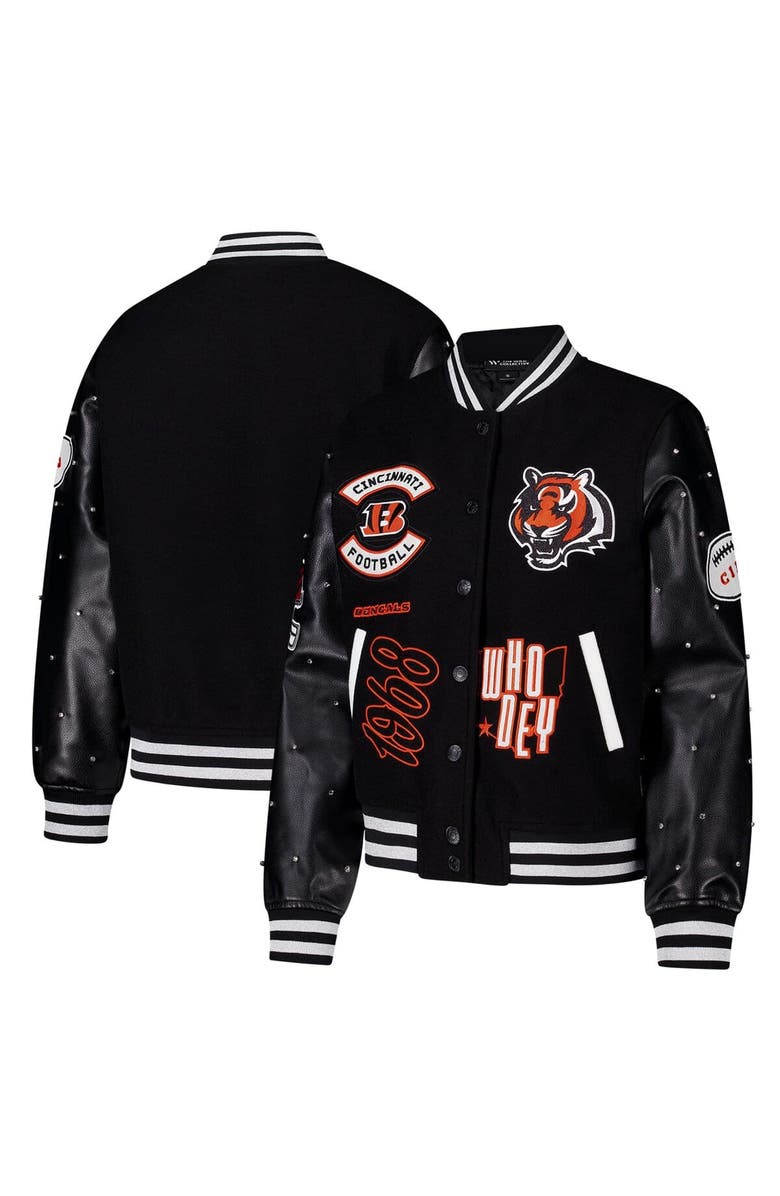 THE WILD COLLECTIVE Women's The Wild Collective Black Cincinnati Bengals Varsity Full-Snap Sparkle Jacket, Alternate, color, Black