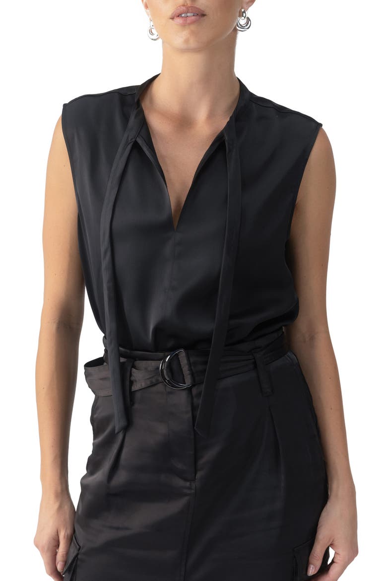 Tie Neck Satin Shell, Main, color, BLACK
